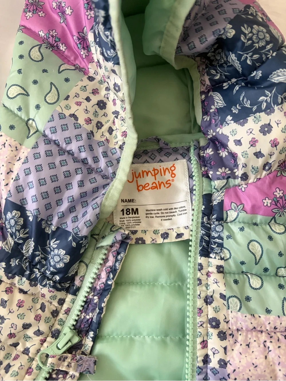 jumping beans Patchwork Hooded Puffer Jacket in Mint, Purple & Pink